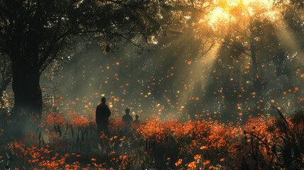 An ethereal forest scene with sunlight filtering through trees onto figures amidst orange foliage.
