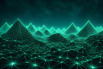 Abstract Fractal Wallpaper Background in Dark Blue with Glowing Lines. Blue-green  sci-fi  colorful lighting  low poly  abstract  landscape  glowing dots - obrazy, fototapety, plakaty