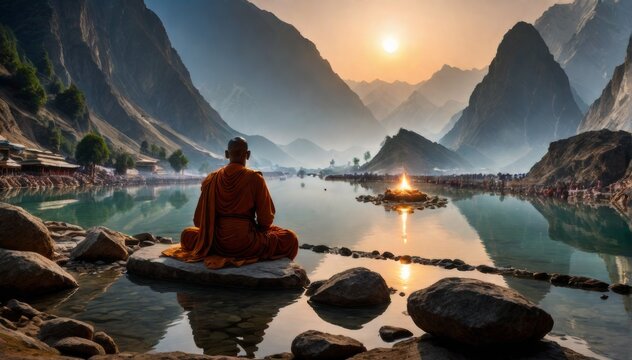 Meditierende Person in mystischer, heiliger umgebung, Meditation, M&ouml;nch, 