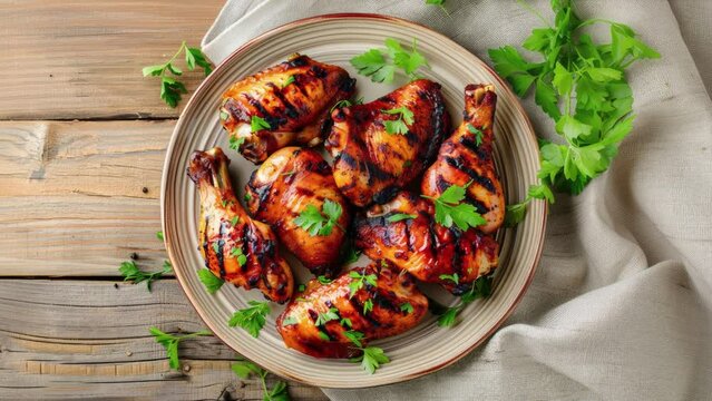 Panning Over a Plate of Grilled BBQ Chicken on a Wooden Table