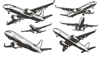 Jet airliner images set. Vector illustration. Hand drawn - obrazy, fototapety, plakaty