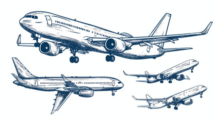 Jet airliner images set. Vector illustration. Hand drawn