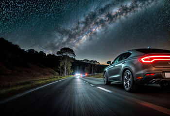 Car speeds in highway road traffic at night under the Milky Way on a starry night journey.  Vehicle motion blur and lights convey sense of movement.  - Powered by Adobe