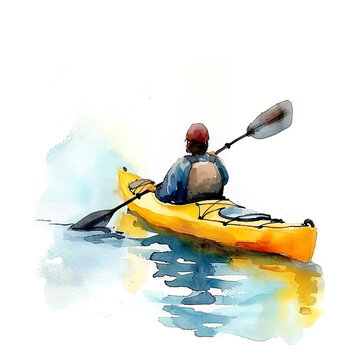 recommend clip art: Minimalistic watercolor illustration of kayaking on a white background, cute and comical.