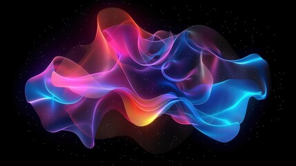 Glowing colorful particles liquid dynamic flow on dark background. Fluo particles on Trendy fluid design