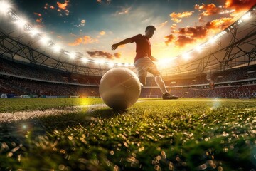 Action shot of a soccer player kicking a ball in a stadium at sunset with dramatic sky