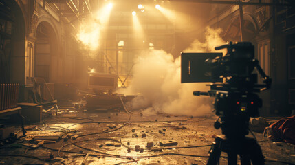 A cinematic film set with a camera in focus, atmospheric fog, bright lights, and scattered equipment