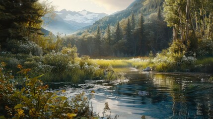 Fototapeta premium Mountain river creek among stones and trees in the middle reinforest in the morning