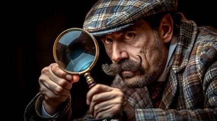 A man, embodying a detective role, carefully examines clues with a magnifying glass in his hand. - obrazy, fototapety, plakaty