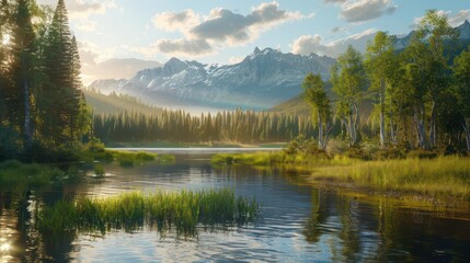 Fototapeta premium Mountain river creek among stones and trees in the middle reinforest in the morning