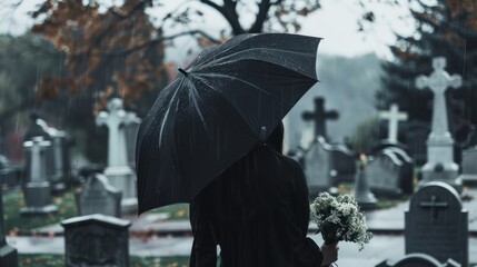 woman in black standing at the grave holding an umbrella, Young woman holding a black umbrella mourning at the cemetery