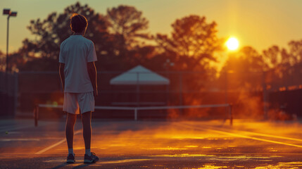 Tennis Player Contemplating at Sunrise