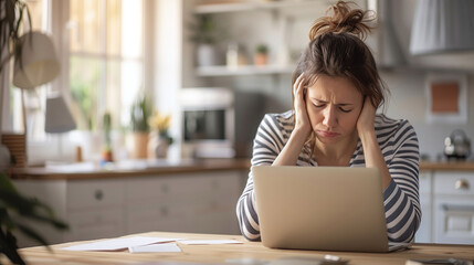 Stressed Young Woman Working on Laptop at Home
