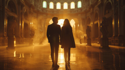 A couple holding hands in a grand, dimly lit hall with sunbeams filtering through windows.