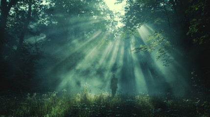 Naklejka premium A solitary figure stands in a forest with rays of sunlight piercing through the mist and trees.