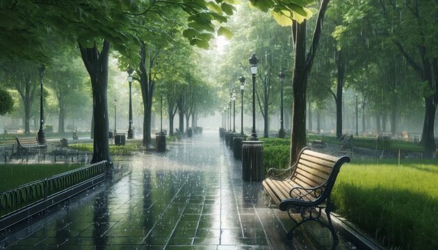 雨が降る誰もいない公園の風景