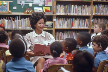 Educator reading a story to engaged children in a vibrant classroom environment