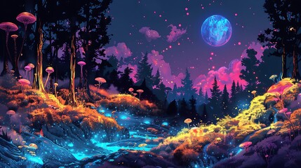 A colorful forest with a glowing river and a large moon in the sky