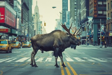 Majestic Moose Walking Alone Through Busy Urban Street in the City Amidst Yellow Cabs and...