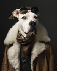 A charismatic Staff dog posing as a boss, proud and confident, dressed like a masculine and tough human gangster, a strong and powerful leader - 793378183