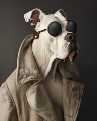 A charismatic Great Dane dog posing as a boss, proud and confident, dressed like a masculine and tough human gangster, a strong and powerful leader - 793378188