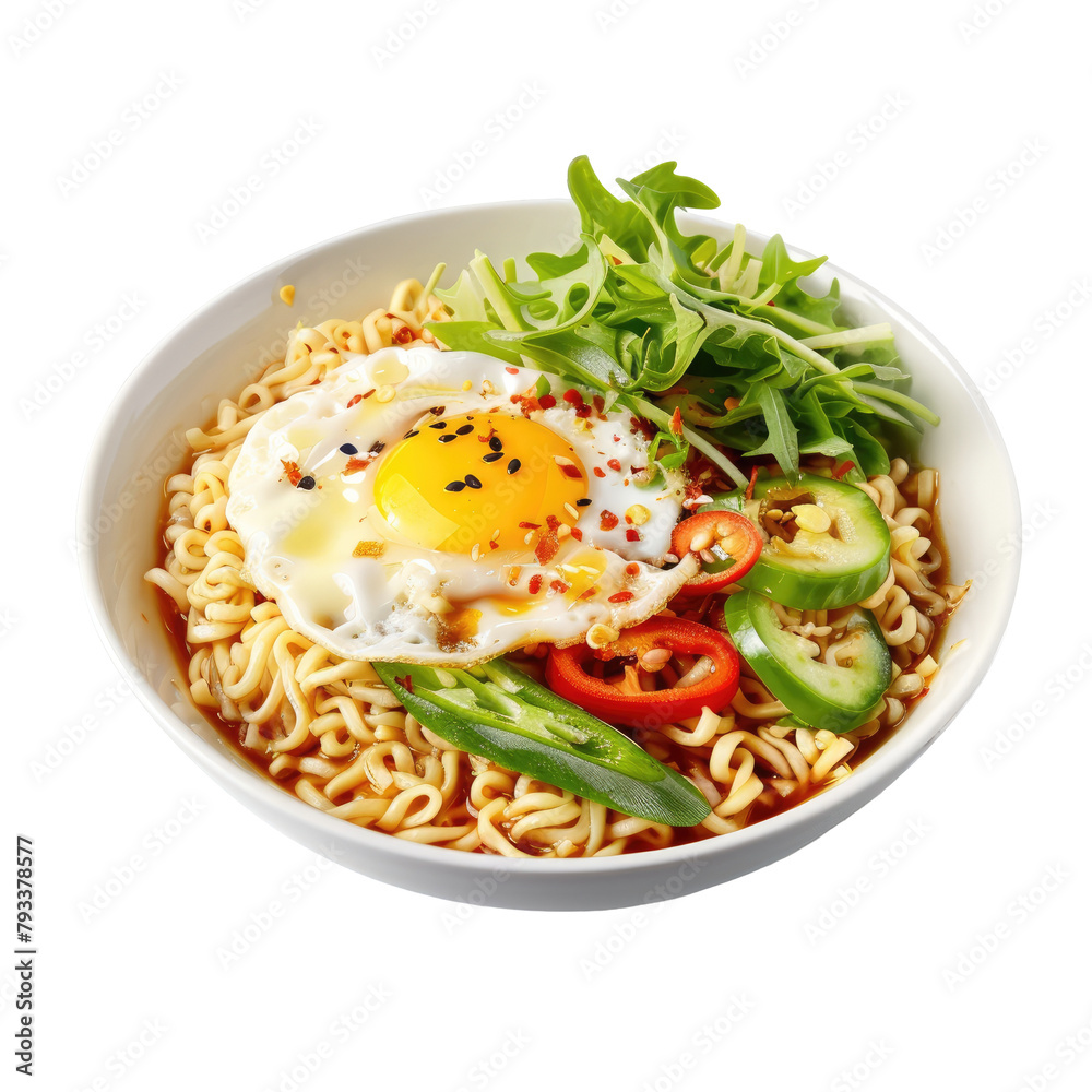 Wall mural A delicious instant noodle meal garnished with fresh veggies and perfectly fried eggs presented on a simple transparent background with a clear background - Wall murals