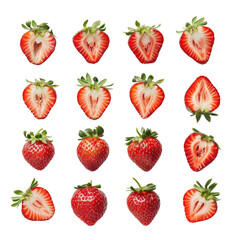 Fresh strawberries whether whole or sliced elegantly displayed in isolation against a transparent background with a clipping path