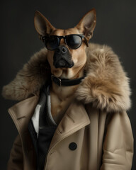 A charismatic German Shepherd dog posing as a boss, proud and confident, dressed like a masculine and tough human gangster, a strong and powerful leader