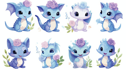 Watercolor Floral Baby Dragons Clipart 2d flat cart