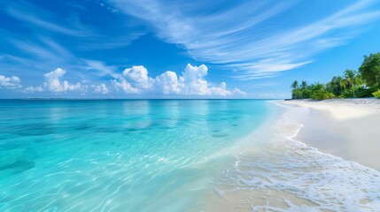 Panoramic view of a tranquil sandy beach with turquoise waters under a bright blue sky with clouds