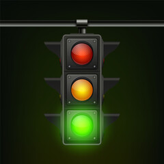 Vector Realistic Hanging Traffic Signal with Green Light. Traffic Light with Glowing Green Prohibiting Signal Isolated on Black Background