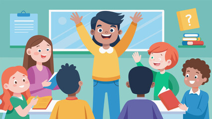 A classroom full of students enthusiastically cheering on their classmate as they confidently present a short story they wrote in a foreign