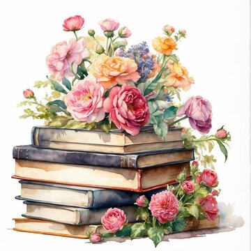 Watercolor vintage book stack and garden flowers abstract illustration, floral clip art