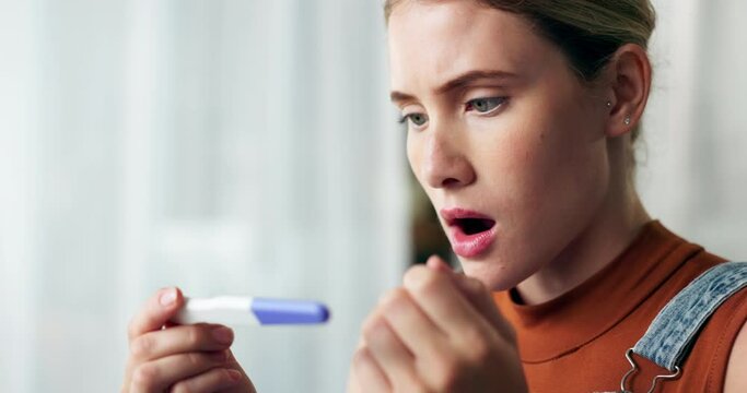 Stress, panic and woman with pregnancy test in house with fear, anxiety or unexpected results. Pregnant, depression or girl overwhelmed by testing kit news, regret or disaster mistake in home crisis