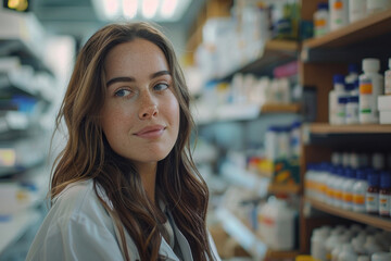 Female pharmacist in a lab coat standing in a pharmacy with shelves of medications in the background.