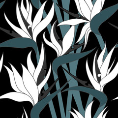 Vector seamless floral pattern with herbaceous plant of strelitzia. Watercolor illustration of plant of bird-of-paradis. For fabric, textile, wrapping paper, cover, package. Flowers and tropical leave