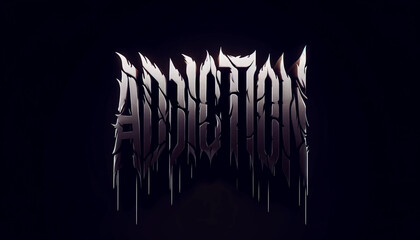 The word ADDICTION in scary, distorted letters, set against a dark, foreboding background. - obrazy, fototapety, plakaty