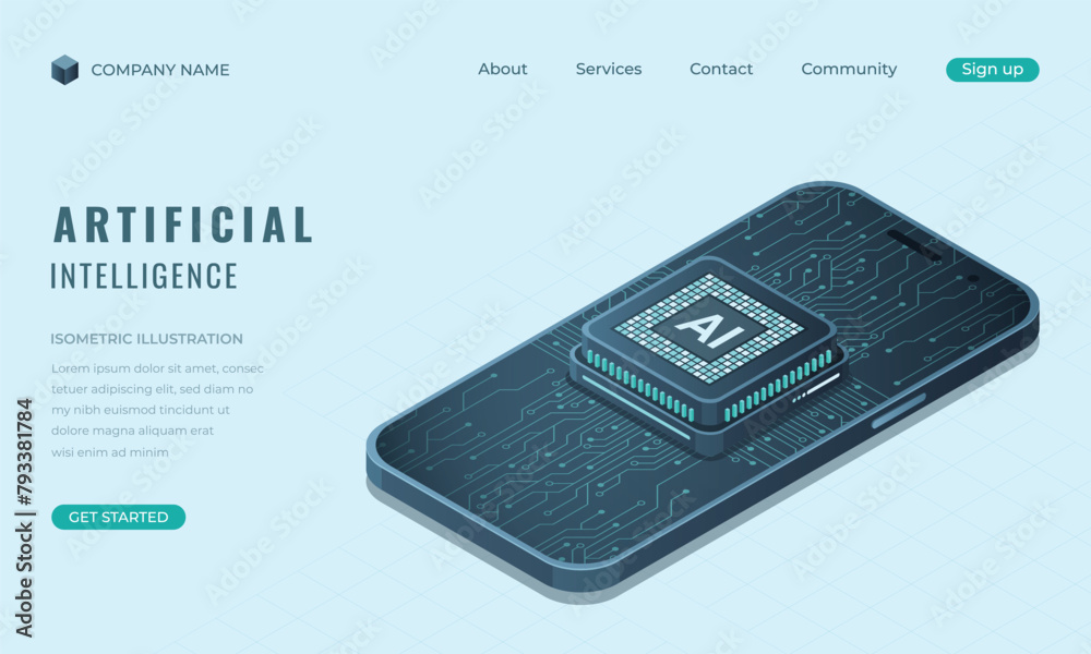 Poster isometric artificial intelligence landing page concept. isometric smartphone with ai. machine learni