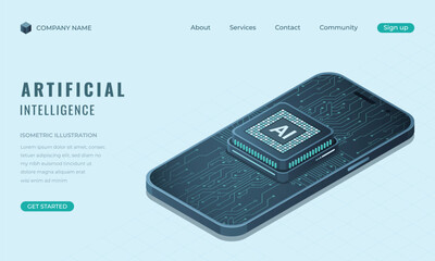 Isometric artificial intelligence landing page concept. Isometric smartphone with AI. Machine learning technology. Digital technology website landing page