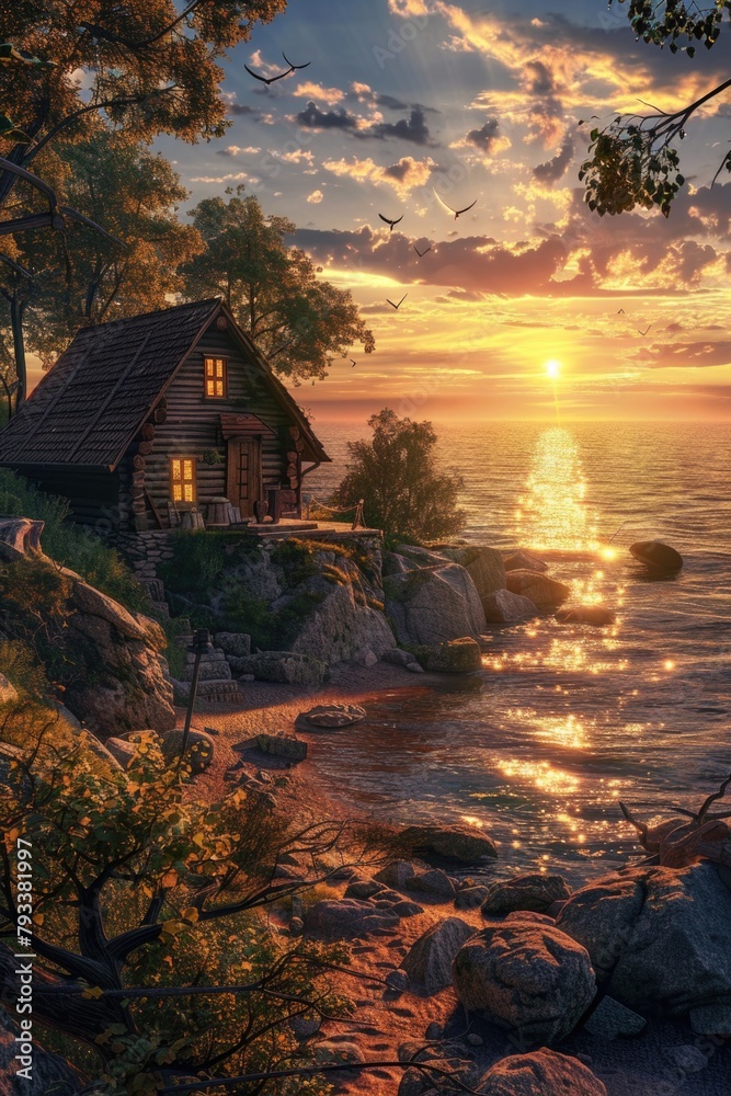 Wall mural a small wooden cabin house with the calm seaside view while sunset - Wall murals