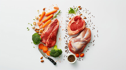 Fresh ingredients for a balanced meal including meats, vegetables, nuts, and spices neatly arranged on a white background.