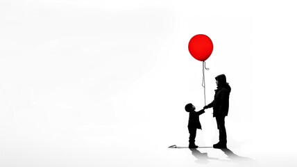 Silhouette of an adult and child holding hands, with the child reaching for a red balloon, on a white background.
