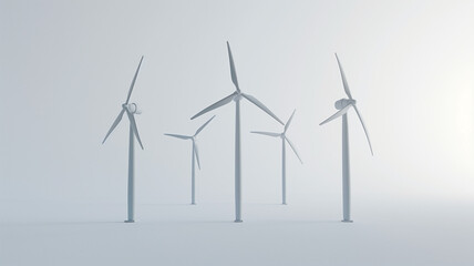 A minimalist landscape with multiple wind turbines standing against a clear sky, highlighting clean energy and sustainability.