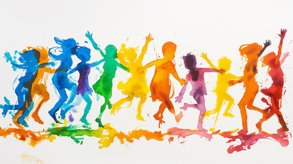 Watercolor painting of silhouettes of children dancing in colorful splashes, representing joy and freedom.