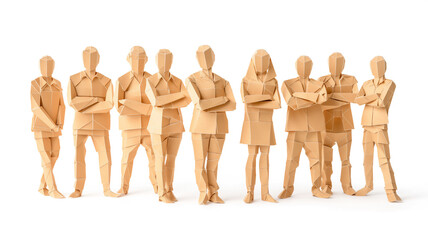 Lineup of origami human figures with arms crossed, crafted from brown paper, against a white background.