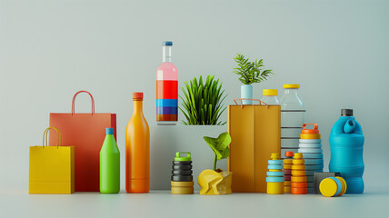 Arrangement of colorful containers, bottles, and shopping bags with plants, depicting reusable and sustainable packaging.