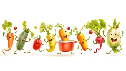 Animated vegetables with faces marching and jumping joyfully around a cooking pot.