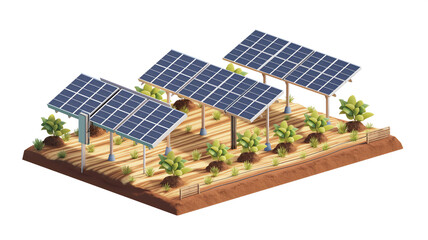 Isometric illustration of solar panels on a wooden structure with green plants, symbolizing renewable energy.