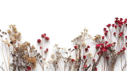 Assortment of dried flowers in beige and red tones arranged on a white background, representing a natural herbarium. - obrazy, fototapety, plakaty
