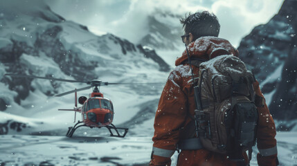 Fototapeta premium A person in winter gear facing a helicopter in a snowy mountainous landscape.